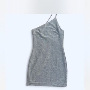 Princess Polly NWT Silver Metallic Vee Mini Dress One Shoulder Strap Sz 6